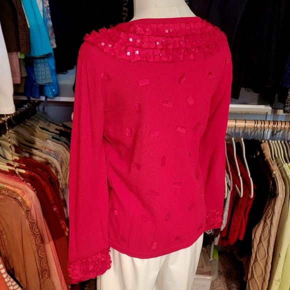 ANN TRINITY ♡ Gorgeous Red Ribbon Sequin Embellished Bling Button Front Blouse M - Picture 12 of 17